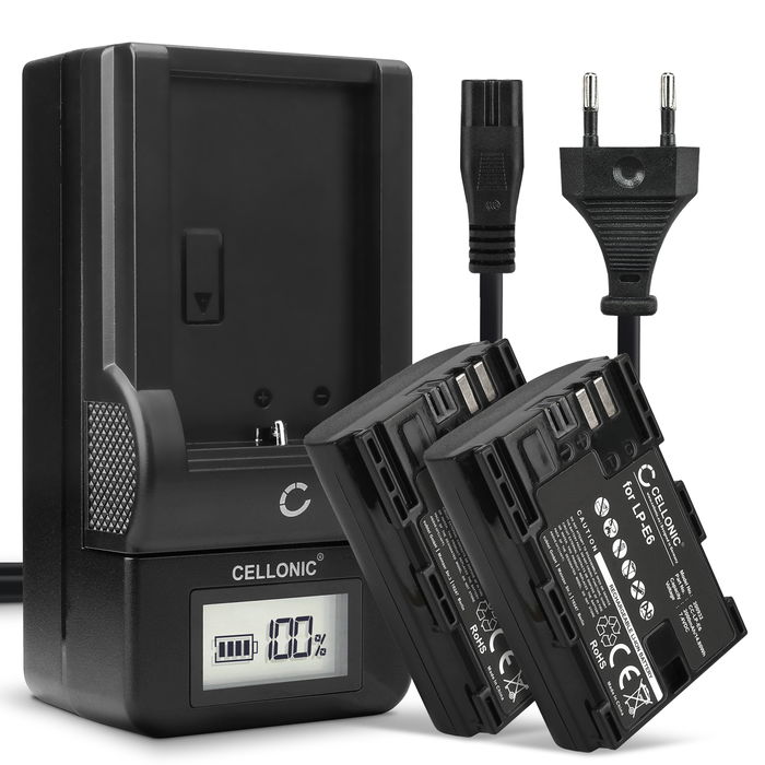 2x Canon LC-E6E Akku + Ladegerät 2000mAh Ersatzakku Batterie von CELLONIC