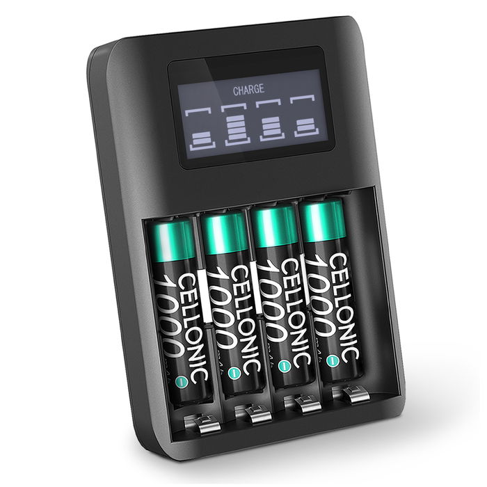 CELLONIC USB Batterieladegerät für Akku-Batterien AA und AAA Batterien Ladegerät mit 4 Steckplätzen und Display, Akkuladegerät + 4x AAA Akkus 1000mAh