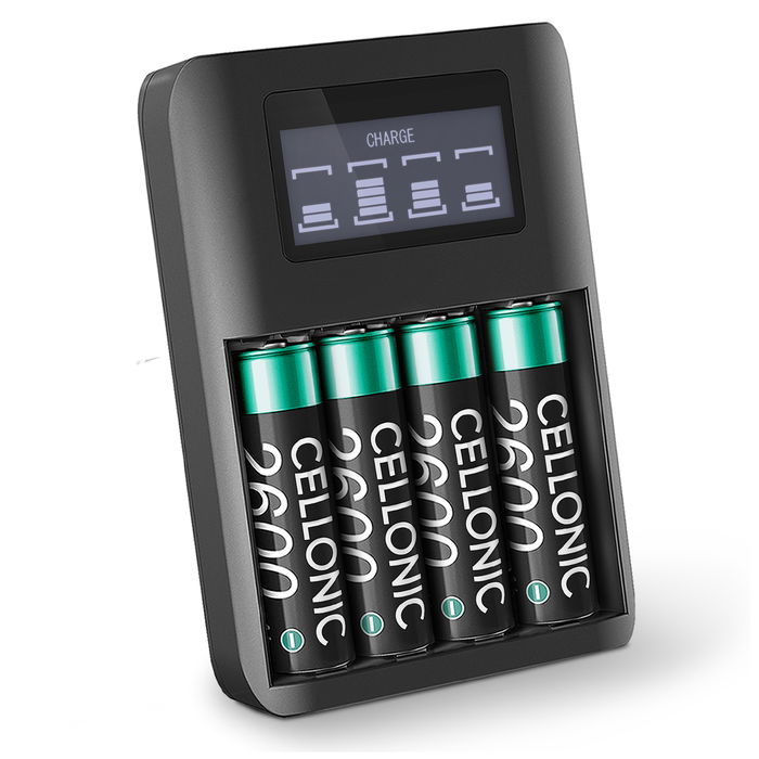 CELLONIC USB Batterieladegerät für Akku-Batterien AA und AAA Batterien Ladegerät mit 4 Steckplätzen und Display, Akkuladegerät + 4x AA Akkus 2600mAh