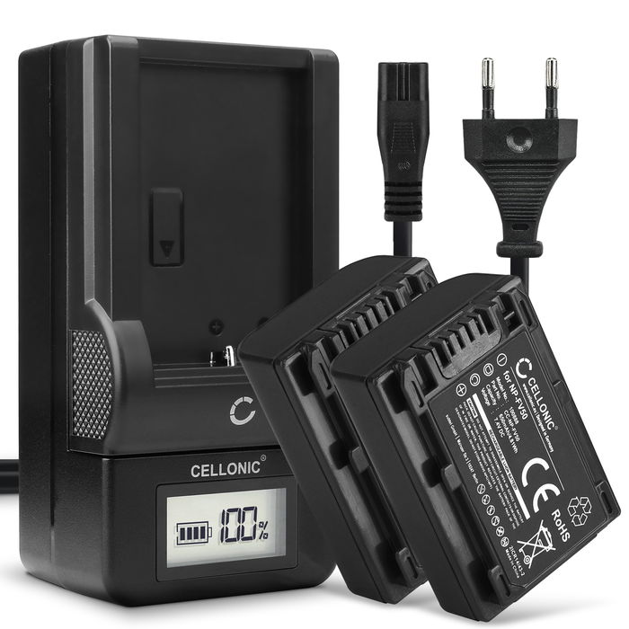 2x NP-FV70A NP-FV50A NP-FV30 NP-FV90 NP-FV100A Camera Battery + Charger Set for Sony FDR-AX33 AX53 AX100e HDR-PJ810 PJ530 PJ330 PJ260 HDR-CX625 CX900 HDR-XR550 NEX-VG900 650mAh Replacement Battery LCD Smart Charger