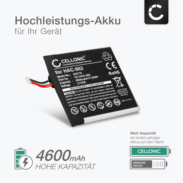 Nintendo HAC-001 Akku + Werkzeug-Set 4600mAh Ersatzakku Batterie von CELLONIC