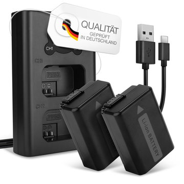 2x NP-FW50 Kamera Akku für Sony Alpha A6000 A6100 A6300 A5100 A7 A7R A7S II RX10 NEX-5 - BC-VW1 USB Doppelladegerät mit Display + 1030mAh Ersatzakku Batterie, Ladekabel