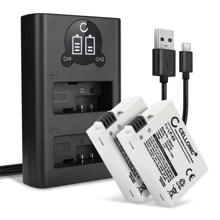 2x Canon EOS 550D Akku + Dual Ladegerät 1020mAh Ersatzakku Batterie von CELLONIC