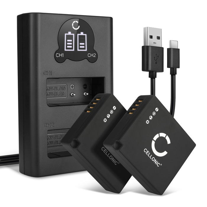 2x Panasonic Lumix DMC-TZ101 Akku + Dual Ladegerät 730mAh Ersatzakku Batterie von CELLONIC