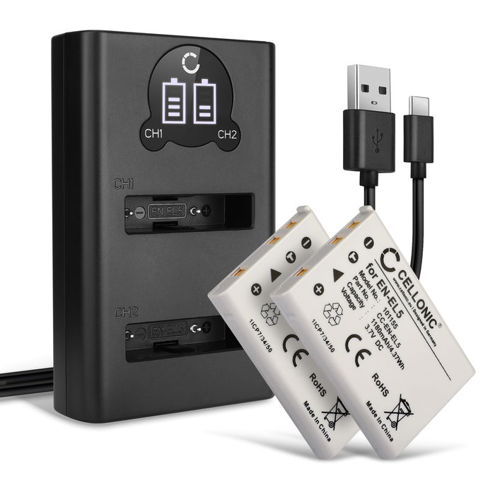 2x Nikon EN-EL5 Akku + Dual Ladegerät 1180mAh Ersatzakku Batterie von CELLONIC
