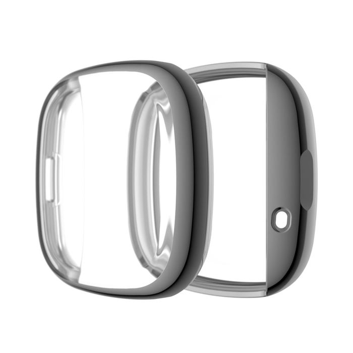 subtel 2 in 1 Schutzhülle für FitBit Versa 3 / Sense Bumper Case + Display Schutzglas, 360° Vollschutz f. Gehäuse u. Touch Bildschirm, Hülle Displayschutz Protector, grau