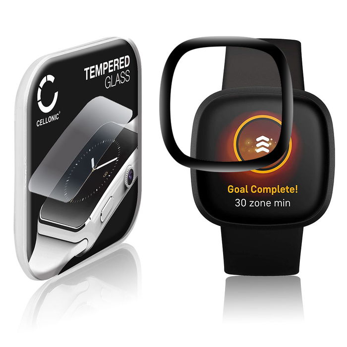 CELLONIC Screen Protector for FitBit Versa 3 / Sense Fitness Tracker Smart Watch Face Protector - 3D Full Cover 0,30mm Full Glue 9H Tempered Glass Display Cover Black