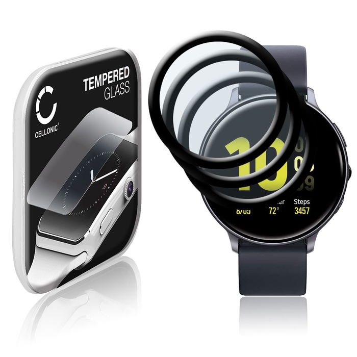 3x CELLONIC Display Schutzglas kompatibel mit Samsung Galaxy Watch Active 2 (44mm) Smartwatch / Fitness Tracker - 3D Full Cover 9H 0,33mm Full Glue - Smartwatchglas Schutzfolie schwarz Displayschutz Glas Folie Screen Protector Glass