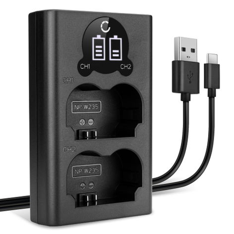 USB Dual Battery Charger for FujiFilm GFX100 II; GFX100S; GFX 50S II; X-H2 – charges 2x NP-W235 batteries, 8.4W, 1m + USB Cable from CELLONIC