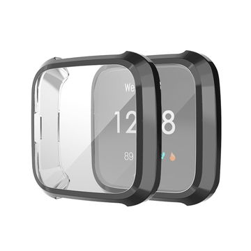 subtel 2 in 1 Schutzhülle für FitBit Versa Lite Bumper Case + Display Schutzglas, 360° Vollschutz f. Gehäuse u. Touch Bildschirm, Hülle Displayschutz Protector, schwarz