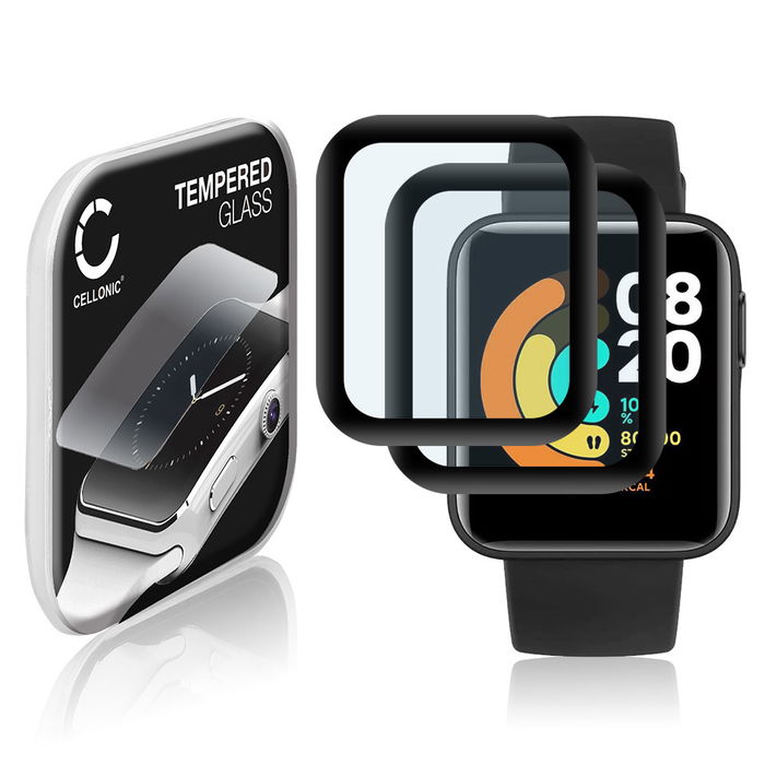 2x CELLONIC Display Schutzglas kompatibel mit Xiaomi Mi Watch Lite Smartwatch / Fitness Tracker - 3D Full Cover 9H 0,33mm Full Glue - Smartwatchglas Schutzfolie Transparent Displayschutz Glas Folie Screen Protector Glass