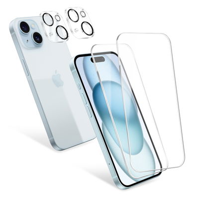 2x iPhone 15 Plus Schutzfolie & 2x Kameraschutz von CELLONIC – 6,7" Displayschutzfolie 0,33mm, Ultradünnes 9H Hartglas, Displayschutz & Kamera Panzerglas
