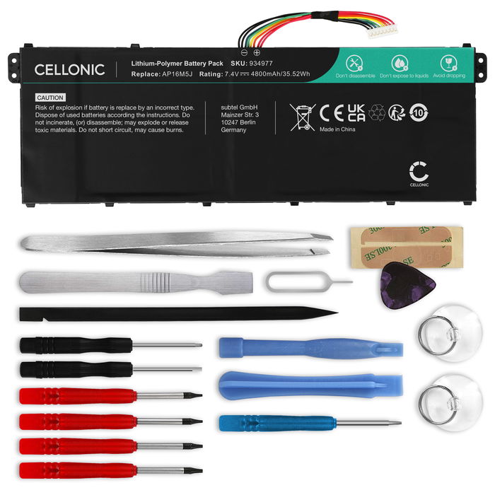 Acer Aspire 3 A315-51-388S Akku + Werkzeug-Set 4800mAh Ersatzakku Batterie von Cellonic