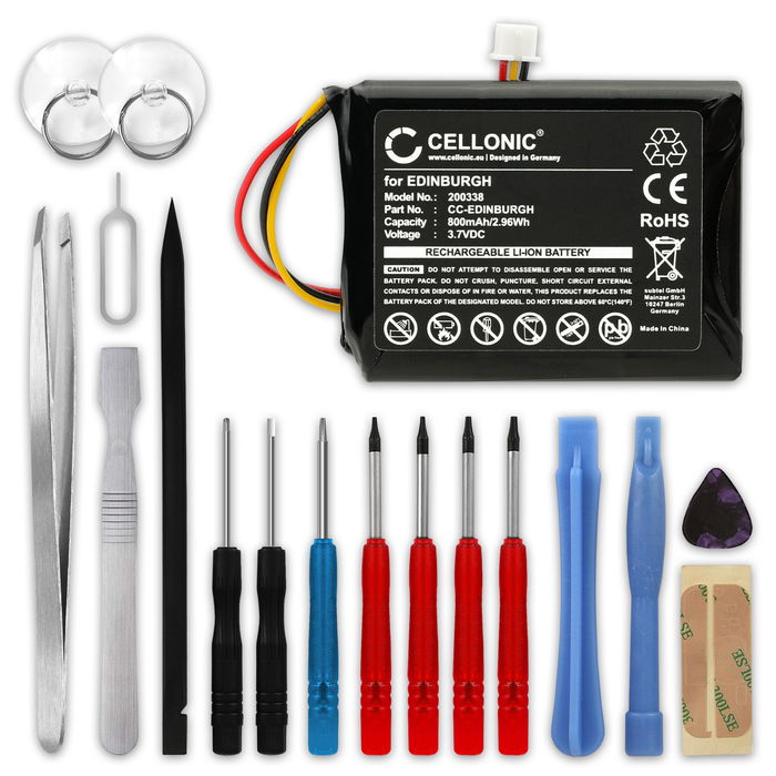 1x Battery for TomTom ONE XL, 3rd Edition, XL Europe, XL Regional, XL 325 F724035958 ICP553443AR LG ICP523450 C1 (800mAh, 3.7V) + Tool-kit 17pcs from CELLONIC