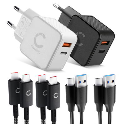 CELLONIC Travelkit 2x Doppelladeger&auml;t USBC & USB + 4x Ladekabel f&uuml;r Smartphone, Notebook, GPS, Tablet, Lautsprecher, Smartwatch uvm. - 2x&nbsp;20W PD USB Schnellladeger&auml;te&nbsp;in Schwarz und Wei&szlig;