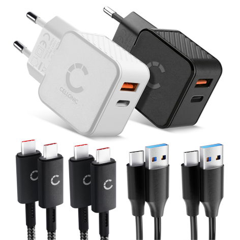 CELLONIC Travelkit 2x Doppelladegerät USBC & USB + 4x Ladekabel für Smartphone, Notebook, GPS, Tablet, Lautsprecher, Smartwatch uvm. - 2x 20W PD USB Schnellladegeräte in Schwarz und Weiß