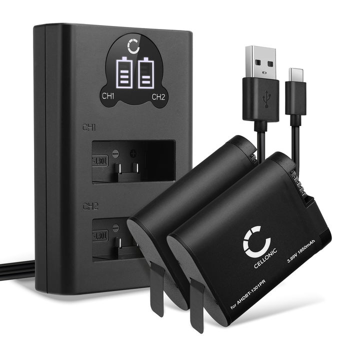 2x GoPro HERO13 Black Akku + Dual Ladegerät 1900mAh Ersatzakku Batterie von Cellonic