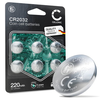 CELLONIC CR2032 Knopfzellen-Batterien (Lithium, 220mAh, 3V) für Autoschlüssel, Mainboards, Waagen – x6-Pack