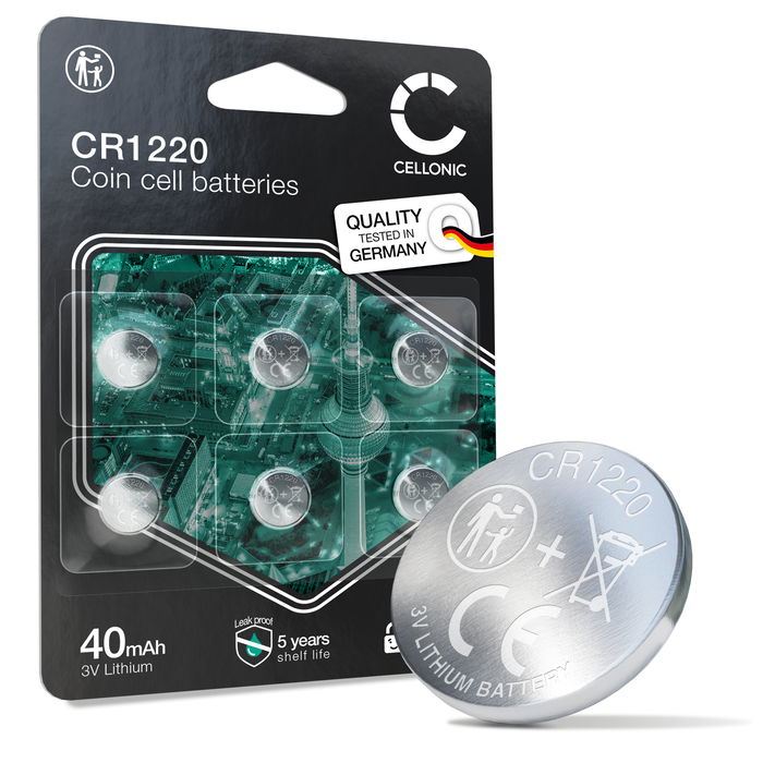 CELLONIC CR1220 Knopfzellen-Batterien (Lithium, 40mAh, 3V) für Uhren, Taschenrechner, Sensoren – x6-Pack