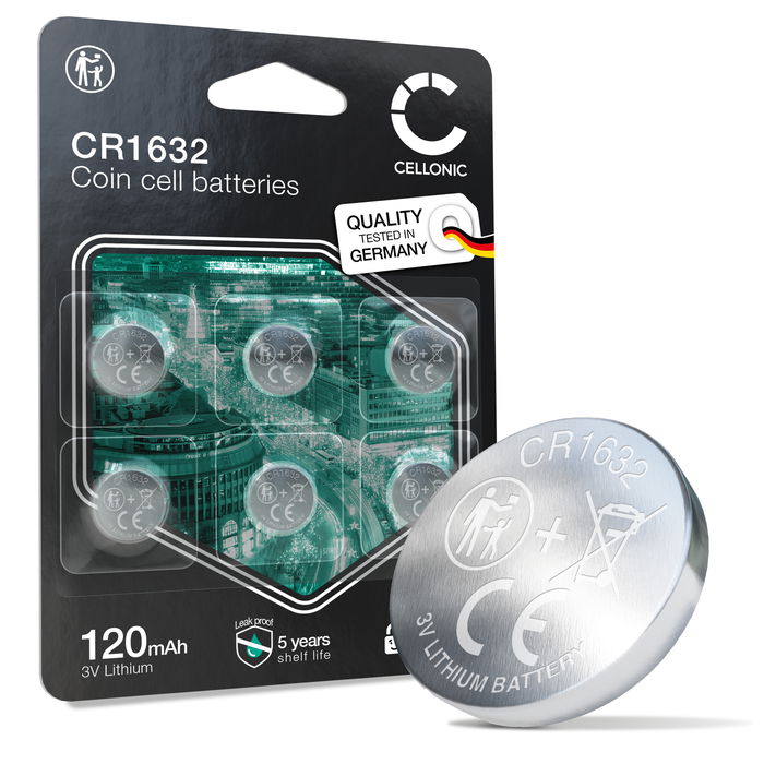 CELLONIC CR1632 Coin Cell Batteries (Lithium, 120mAh, 3V) for Car Key Fobs, LED Devices, Bike Computers - x6-Pack