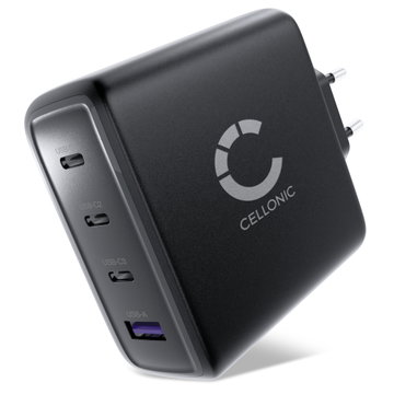 CELLONIC 140W GaN Schnellladegerät – 4-Port USB Netzteil (3x USB-C, 1x USB-A) mit Power Delivery, kompatibel mit MacBook, iPad, iPhone, Samsung Galaxy, Laptop & mehr – kompakt & reisefreundlich