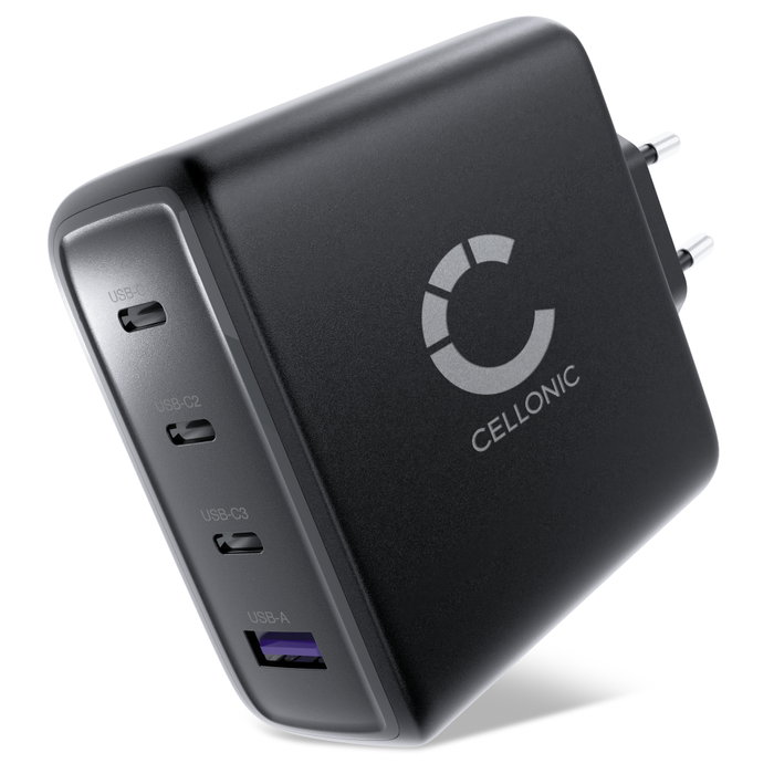 CELLONIC 140W GaN Schnellladegerät – 4-Port USB Netzteil (3x USB-C, 1x USB-A) mit Power Delivery, kompatibel mit MacBook, iPad, iPhone, Samsung Galaxy, Laptop & mehr – kompakt & reisefreundlich