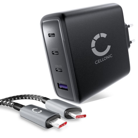 CELLONIC 140W GaN Schnellladegerät – 4-Port USB Netzteil (3x USB-C, 1x USB-A) mit Power Delivery, kompatibel mit MacBook, iPad, iPhone, Samsung Galaxy, Laptop & mehr – kompakt & reisefreundlich